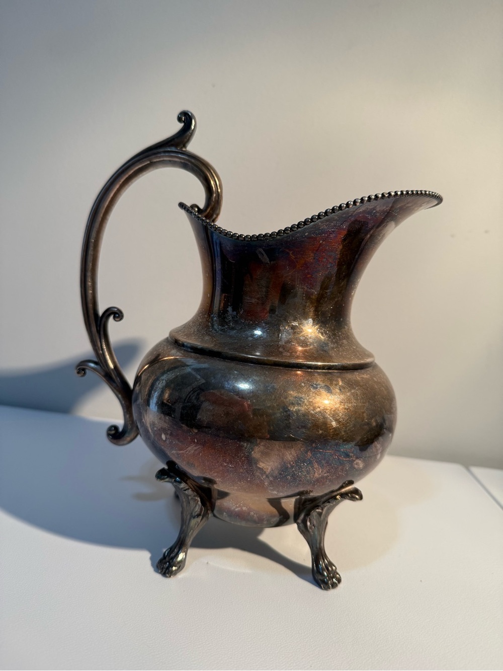 Vintage W Adams & Co Silverplate Pitcher Ornate Footed Ewer Beaded Rim Patina